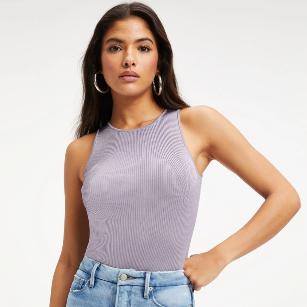 Good American NWT solid purple stretchy ribbed thong bodysuit size XL